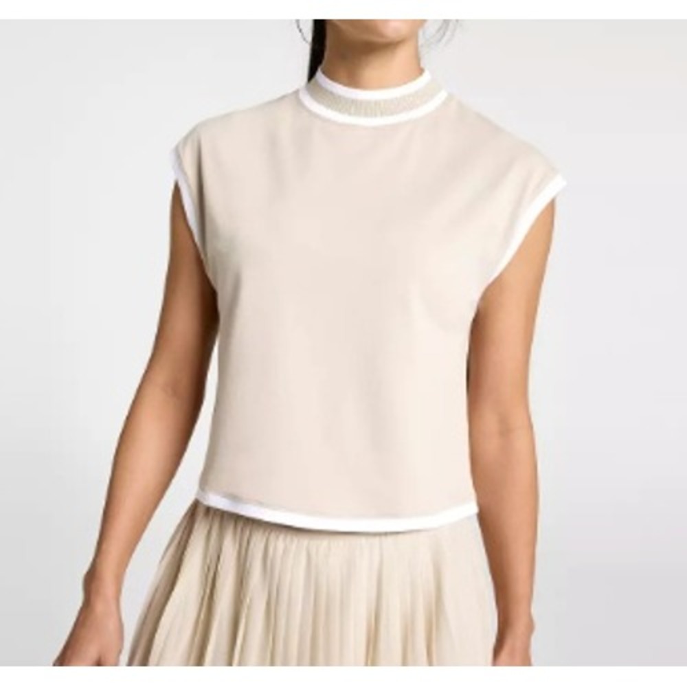 CALIA Ribbed Cropped Mock Neck Tank Top Womens L Khaki Sand Stretch Athletic